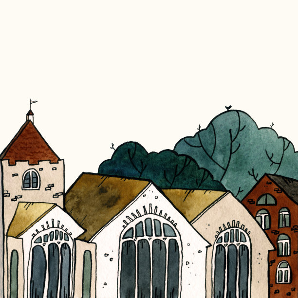 城市景观老城区手绘水彩插画。图片下载