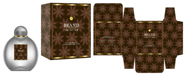包装设计，标签在化妆品容器与棕色和金色的豪华盒模板和模型盒。说明向量。图片下载