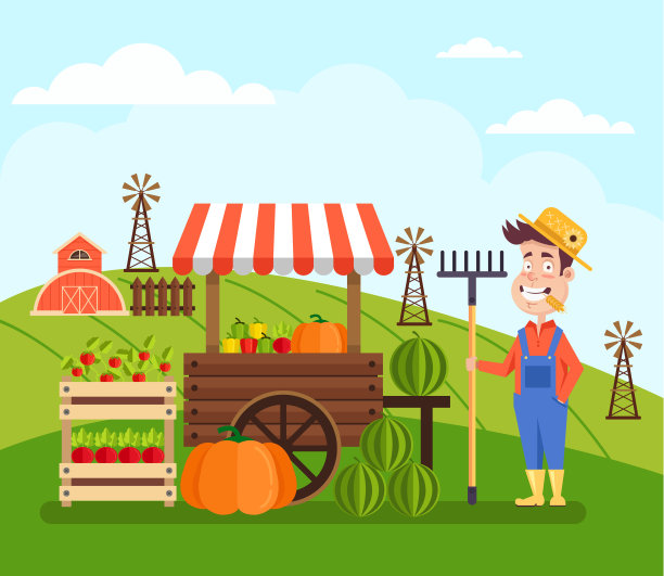 快乐微笑的农民，当地的卖主人物站在他的商店附近卖水果和蔬菜。农场农业概念。矢量平面卡通设计图形横幅插图图片下载