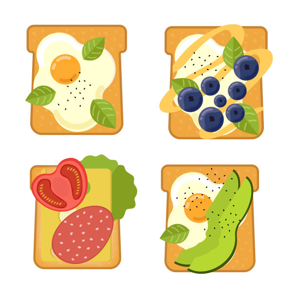 一套不同成分的三明治。吐司配鳄梨、意大利腊肠、奶酪、三文鱼、浆果、草莓、无花果。矢量插图。图片下载