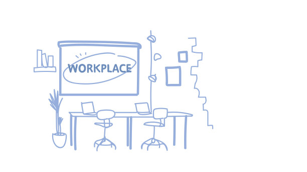 现代办公室室内设计工作桌概念工作柜家具素描涂鸦水平矢量插图图片下载