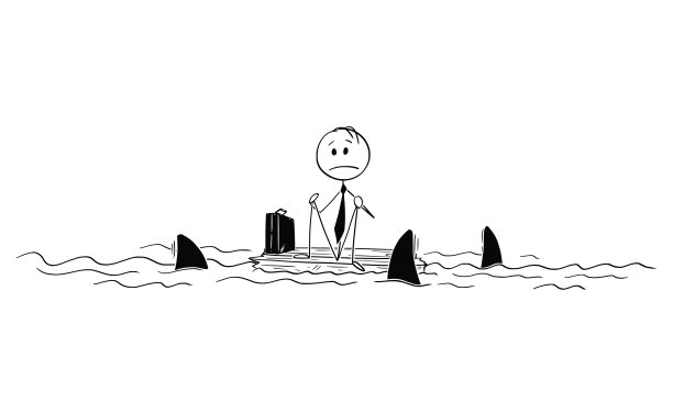 卡通漂流商人独自坐在海洋中的一块木头上图片下载