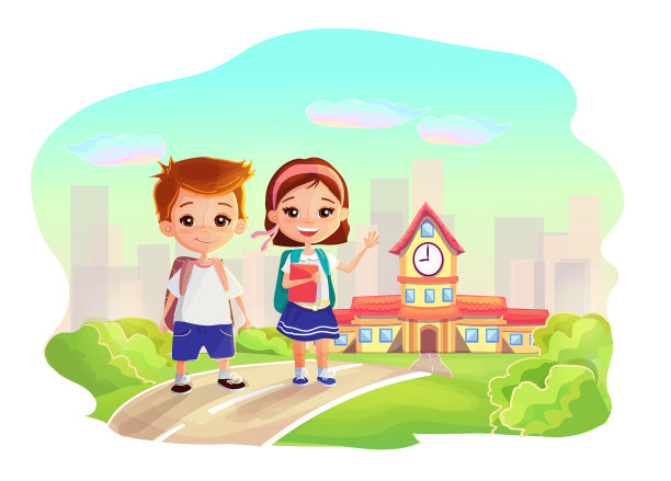 可爱的快乐的小孩子与书包和书籍的学校建筑背景。卡通儿童角色，光和阳光矢量插图。多彩的文字回学校图片下载