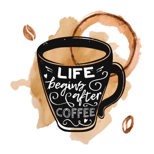 向量现代grunge插图的一个杯子与字母“生活开始后的咖啡”与水彩咖啡豆和泼溅的咖啡。图片下载