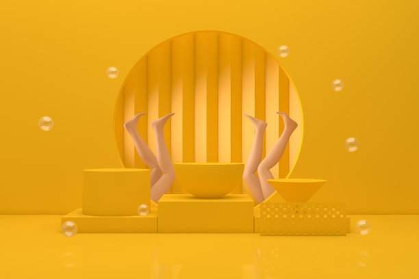 3D场景几何形状与空产品站，平台，抽象最小黄色背景图片下载