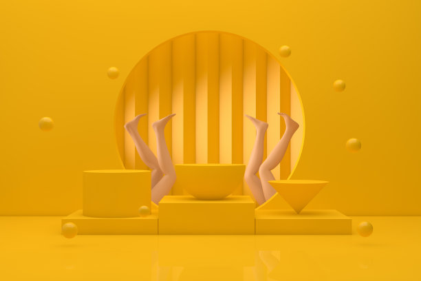 3D场景几何形状与空产品站，平台，抽象最小黄色背景图片下载
