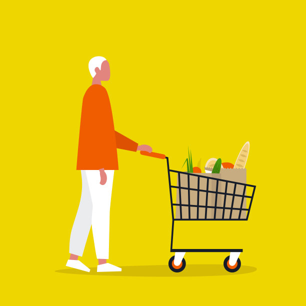 年轻男性顾客。杂货店。一个顾客在超市买杂货。日常生活。平面可编辑矢量插图，剪辑艺术图片下载