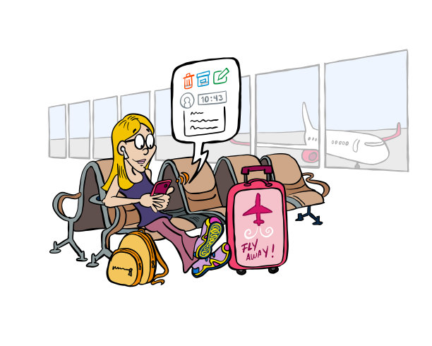 一名年轻女子在候机室看电子邮件图片下载