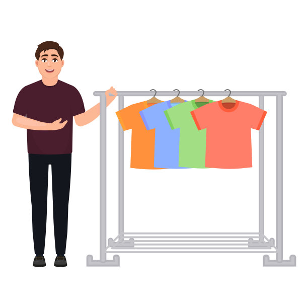 这个人展示了一衣柜的t恤，一个卖t恤的人，一个衣架，一个卡通人物。图片下载