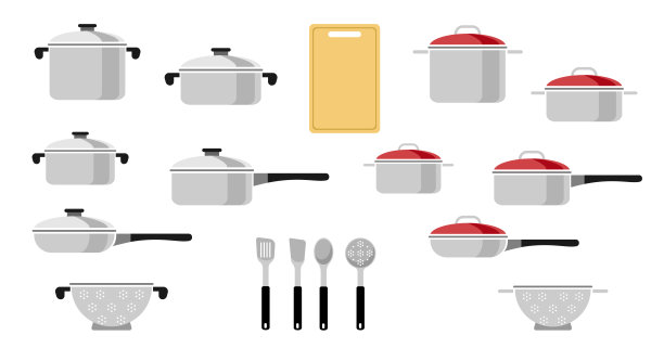 矢量厨房锅集。矢量插图的一个平坦风格的白色背景图片下载