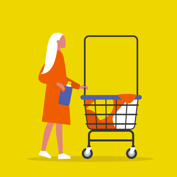 手推车里有五颜六色的衣服。自我服务。年轻的女性角色推着洗衣车。自助洗衣店。洗涤剂。日常工作的概念。图片下载