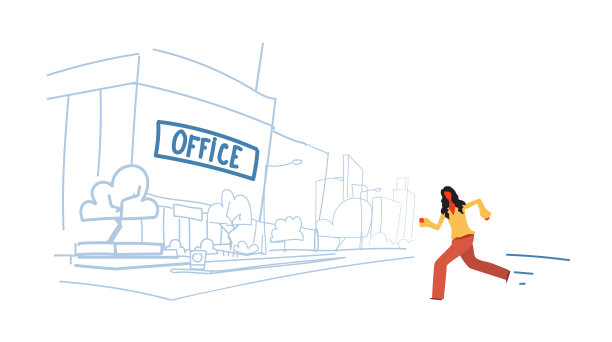 女商人跑步上班女工人晚到业务预约概念现代城市办公大楼景观城市景观素描涂鸦全长水平图片下载