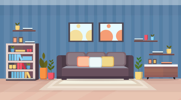 现代家居客厅室内设计空无人公寓与沙发和书架平水平图片下载