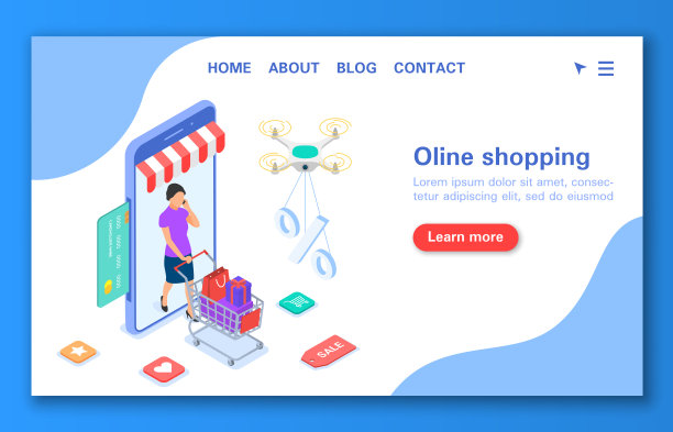 网上购物的概念。人物与一个来自互联网的购物车。图片下载