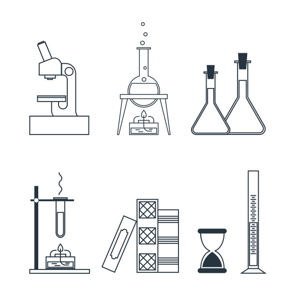 化学、科学。白色背景上的一组线性图标。实验，研究，化学反应。向量。图片下载