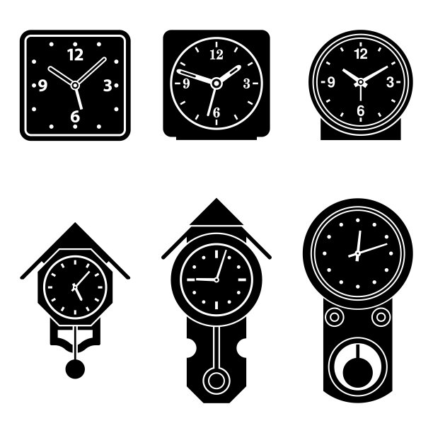 一套钟摆和闹钟。轮廓平面矢量图标图片下载