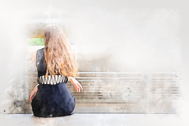 抽象女子坐着放松水彩插画背景。图片下载