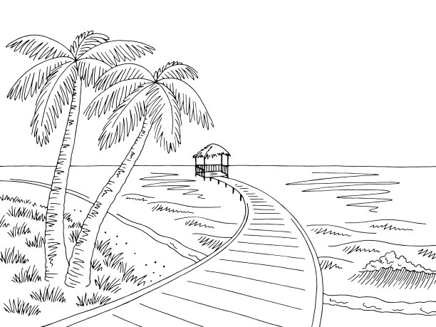 海岸图形黑白景观素描插图矢量图片下载