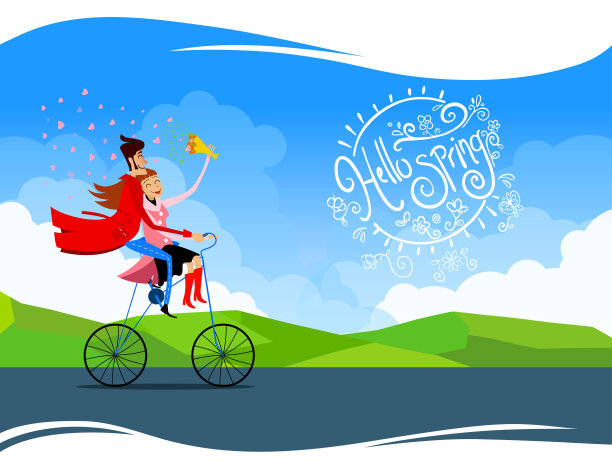 快乐的自行车夫妇。你好,春天排版。图片下载