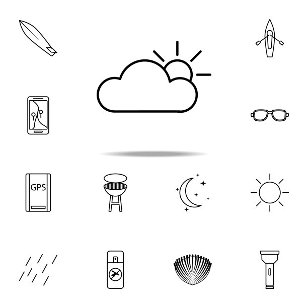 云朵背后的太阳图标。露营图标普遍设置为网络和移动图片下载