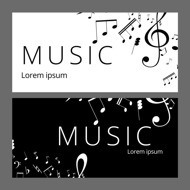 一套抽象横幅与黑色和白色音乐键和音符。横幅模板的音乐节日和派对。图片下载