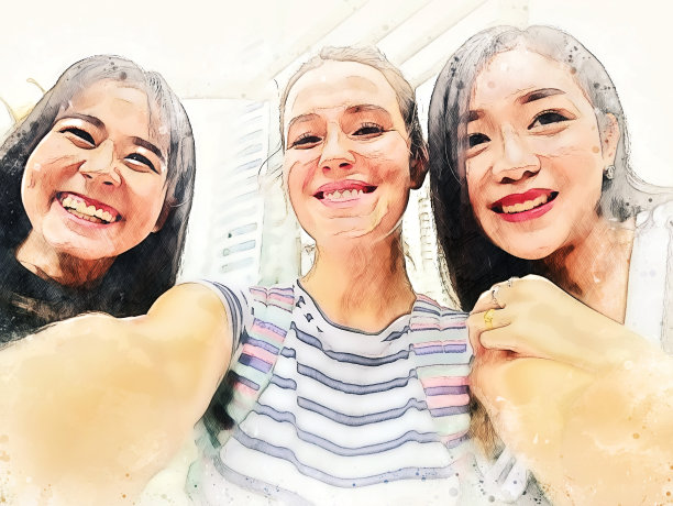 抽象多彩的女人微笑肖像在水彩插画画的背景上。图片下载