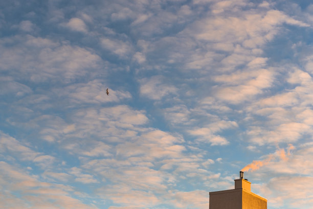 这是一张充满活力的彩色照片，色彩斑斓的晚霞映衬着蓝色的天空，在底部的角落里可以看到建筑的顶部释放出蒸汽图片下载
