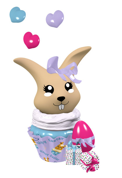 3d可爱的小兔子，复活节彩蛋，礼物和小心形纸杯蛋糕。图片下载