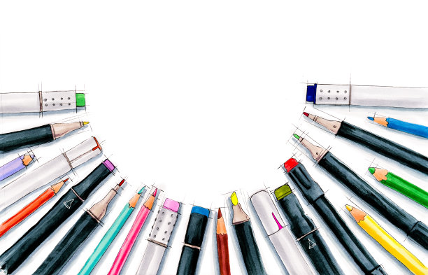 文具标记和铅笔在一个半圆孤立在白色俯视图手绘插图与复制空间图片下载