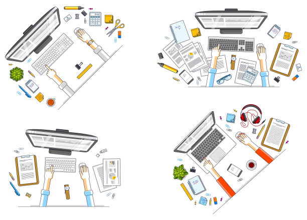 办公人员或企业家在PC电脑上工作，顶视图的工作空间办公桌与人手和各种文具物品。所有元素都易于单独使用。向量集。图片下载