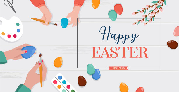 复活节场景——幸福的一家人正在为复活节做准备。妈妈、爸爸和女儿们正在画鸡蛋。矢量图图片下载