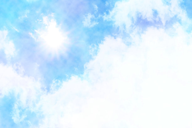 夏天蓝色的天空，云彩和太阳用水彩画图片下载