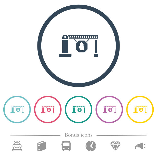 封闭的障碍与停止标志，平面颜色图标在圆形轮廓图片下载