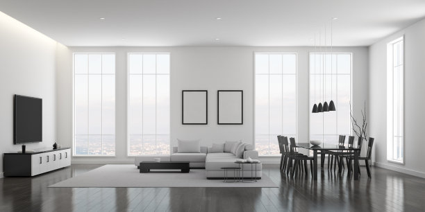 白色简约风格的客厅，黑色和白色的家具放在深色的强化地板上。室内设计以城市为背景设置电视和沙发。3 d渲染。图片下载