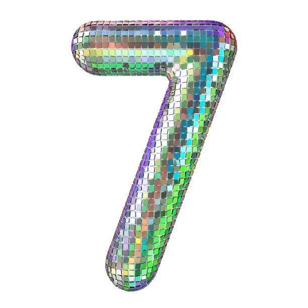 迪斯科字体，7号闪光镜面刻面。3D渲染孤立的白色背景图片下载