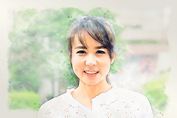 美丽女子微笑肖像在公园的水彩插画画的背景。图片下载
