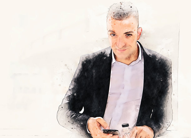 摘要男人微笑肖像和手机设备上的水彩画插画背景，润色手机设备。图片下载