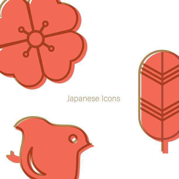 日文图标模板矢量。红色符号卡片背景。花，鸟和叶子元素。图片下载
