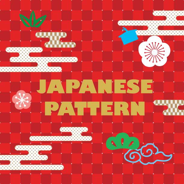 日本模板向量。红色图形图案背景与图标元素。图片下载