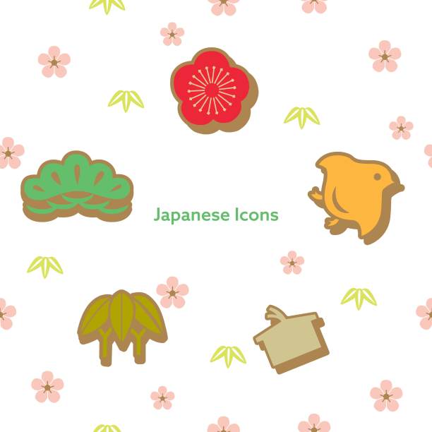 日本图标矢量。樱花、松树、鸟、竹等元素为背景。图片下载