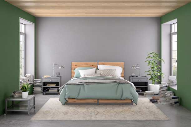 现代卧室内部与空白墙的复制空间图片下载