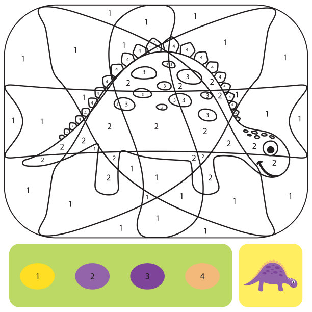 可爱的恐龙着色页的孩子。用颜色的数字填色游戏图片下载