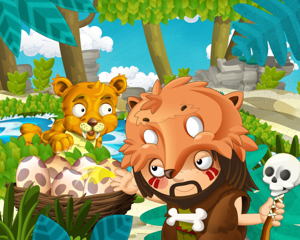 以丛林中的穴居人和河边的剑齿虎为背景的卡通场景图片下载