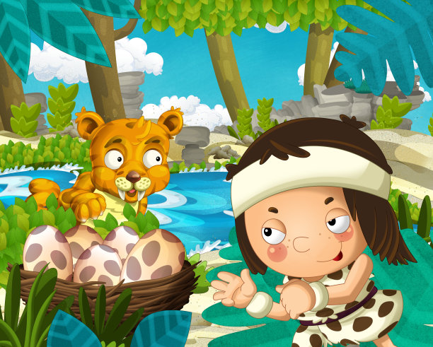 以丛林中的穴居人和河边的剑齿虎为背景的卡通场景素材图片