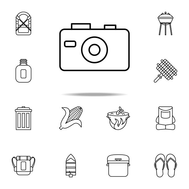 相机图标。露营图标普遍设置为网络和移动图片下载