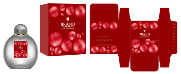 包装设计，化妆品容器上的标签与红色豪华盒模板和模型盒。说明向量。图片下载