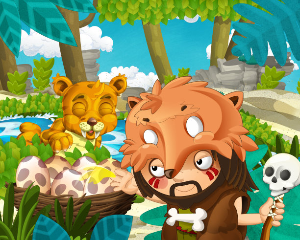 以丛林中的穴居人和河边的剑齿虎为背景的卡通场景图片下载