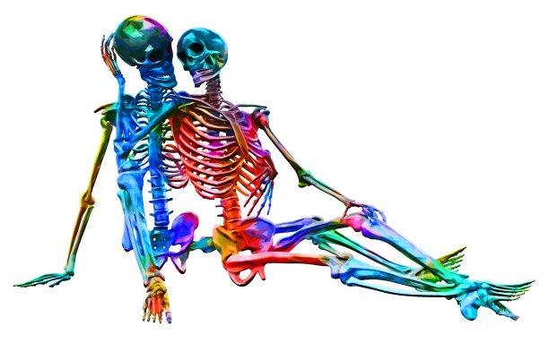 男人和女人的骨架在多色抽象风格插图恋人的姿势孤立在白色的背景图片下载