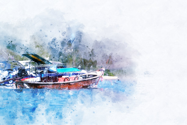 抽象彩色渔船在海上水彩插图背景画。图片下载