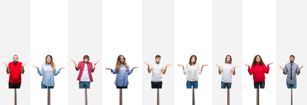 不同种族的拼贴画，年轻人在白色条纹孤立的背景，毫无表情和困惑的手臂和手举起。怀疑的概念。图片下载